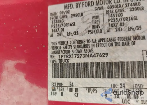 2003 Ford F-150 Xl/Xlt from USA, damaged, VIN 1FTRX17273NA47629